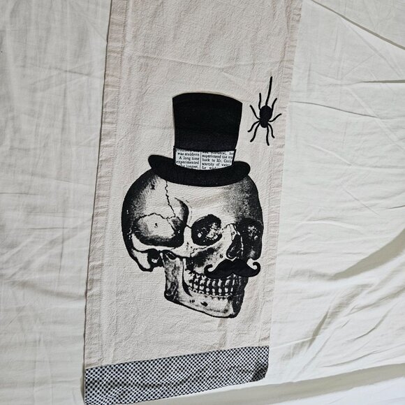 Skeleton Skull Table Runner Beige Black Top Hat Mustache Spider Gothic 67"x13" - Picture 4 of 11